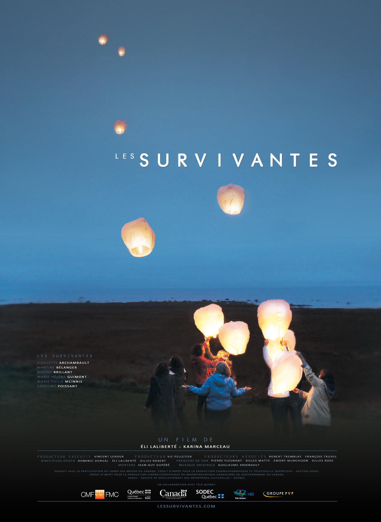 Les survivantes — official film poster, six women releasing sky lanterns at dusk